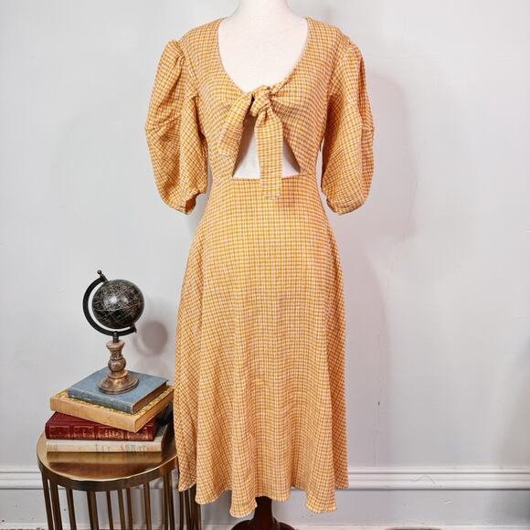 NWT Rhode Ginny Tie Front Gingham Midi Dress US 8 Retro Smocked Flattering - Picture 1 of 15